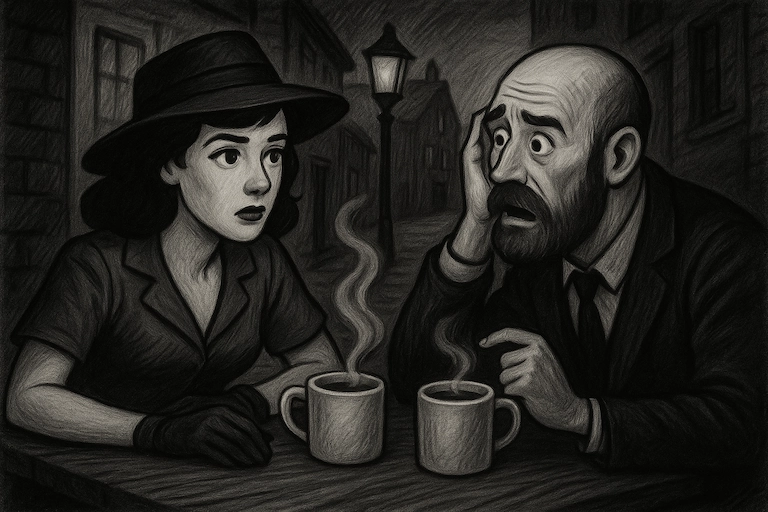 Ein Mann und eine Frau sitzen in einem Café und sprechen ernst.