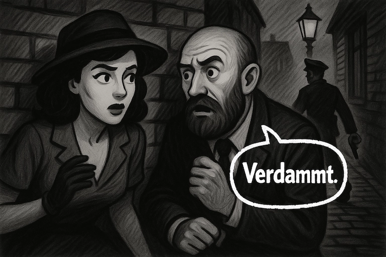 Ein Polizist erwischt die beiden fast. Der Mann flüstert: „Verdammt.“