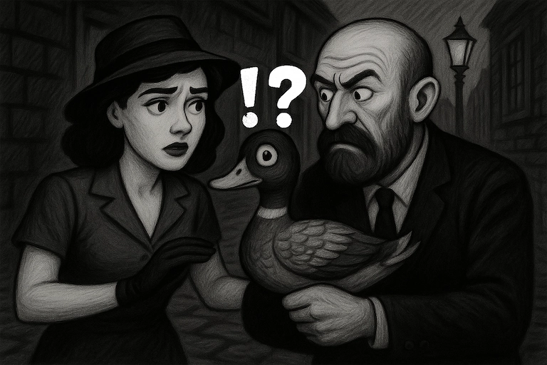 Beide schauen die überraschte Ente an.