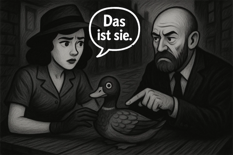 Der Mann zeigt auf die Ente. Die Frau sagt: „Das ist sie.“