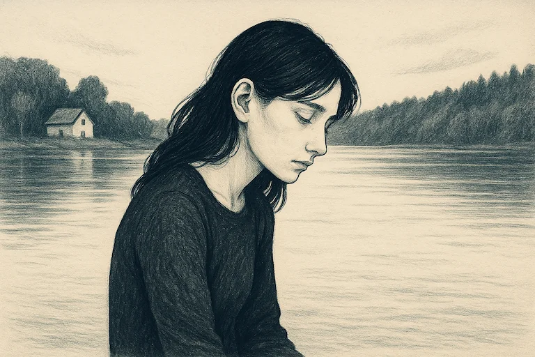 Eine junge Frau sitzt still am Wasser, den Blick gesenkt, hinter ihr ein Haus am anderen Ufer.