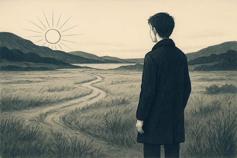 Ein junger Mann steht auf einem Feldweg, vor ihm geht die Sonne über einer Hügelkette auf.