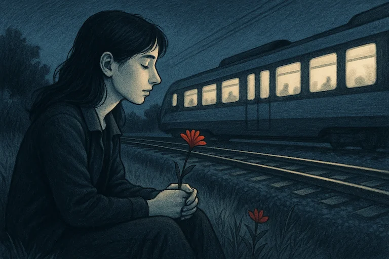 Eine junge Frau sitzt bei Nacht an Bahngleisen, ein beleuchteter Zug rauscht vorbei.