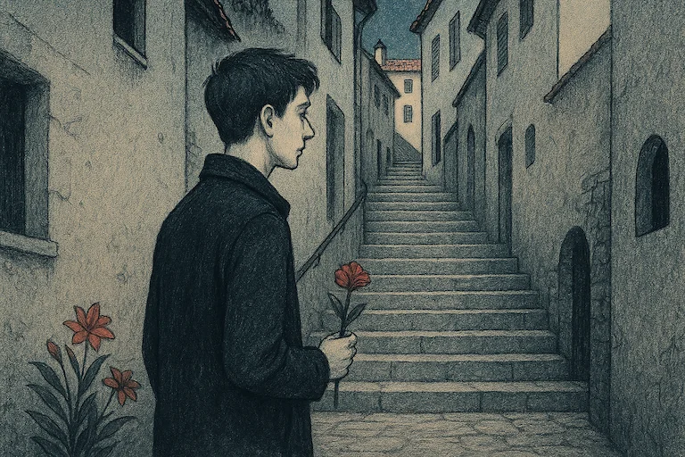 Ein junger Mann hält eine Blume und steht vor einer steilen Treppe in einer engen Altstadtgasse.