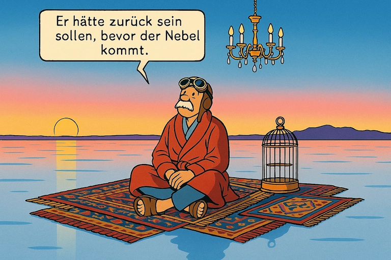 Ein alter Mann sitzt im Morgenlicht auf einem Teppich in der Salzwüste