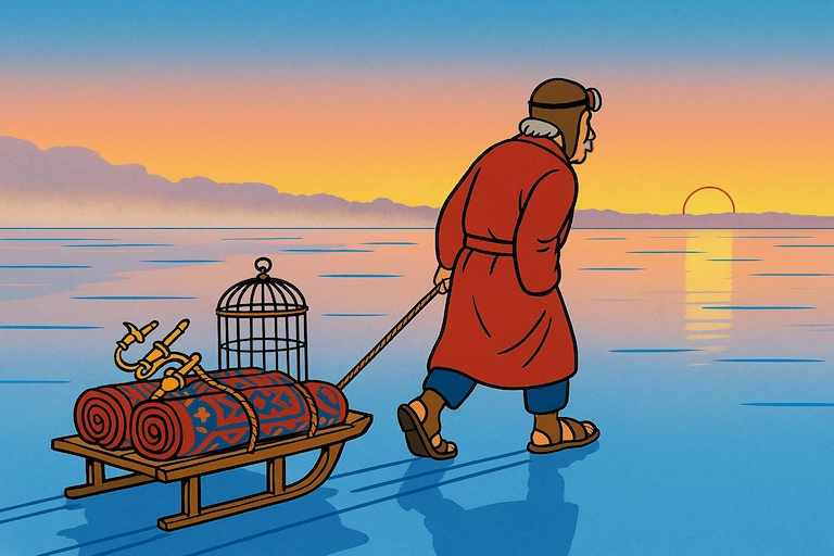 Er zieht einen Schlitten mit Teppichen, Käfig und Kronleuchter