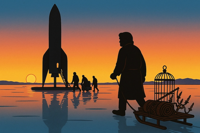 Silhouetten besteigen eine Rakete – er ist unter ihnen