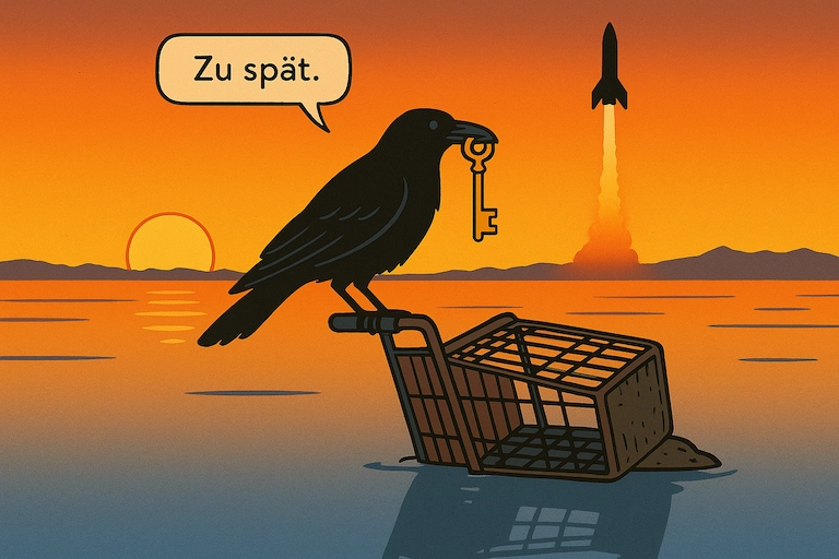 Ein schwarzer Vogel mit Schlüssel beobachtet den Raketenstart