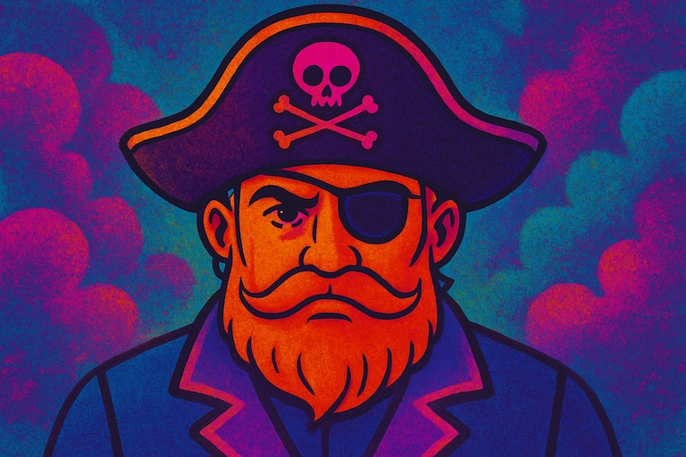 Ein Pirat mit Augenklappe blickt ernst in die Kamera, psychedelischer Himmel im Hintergrund