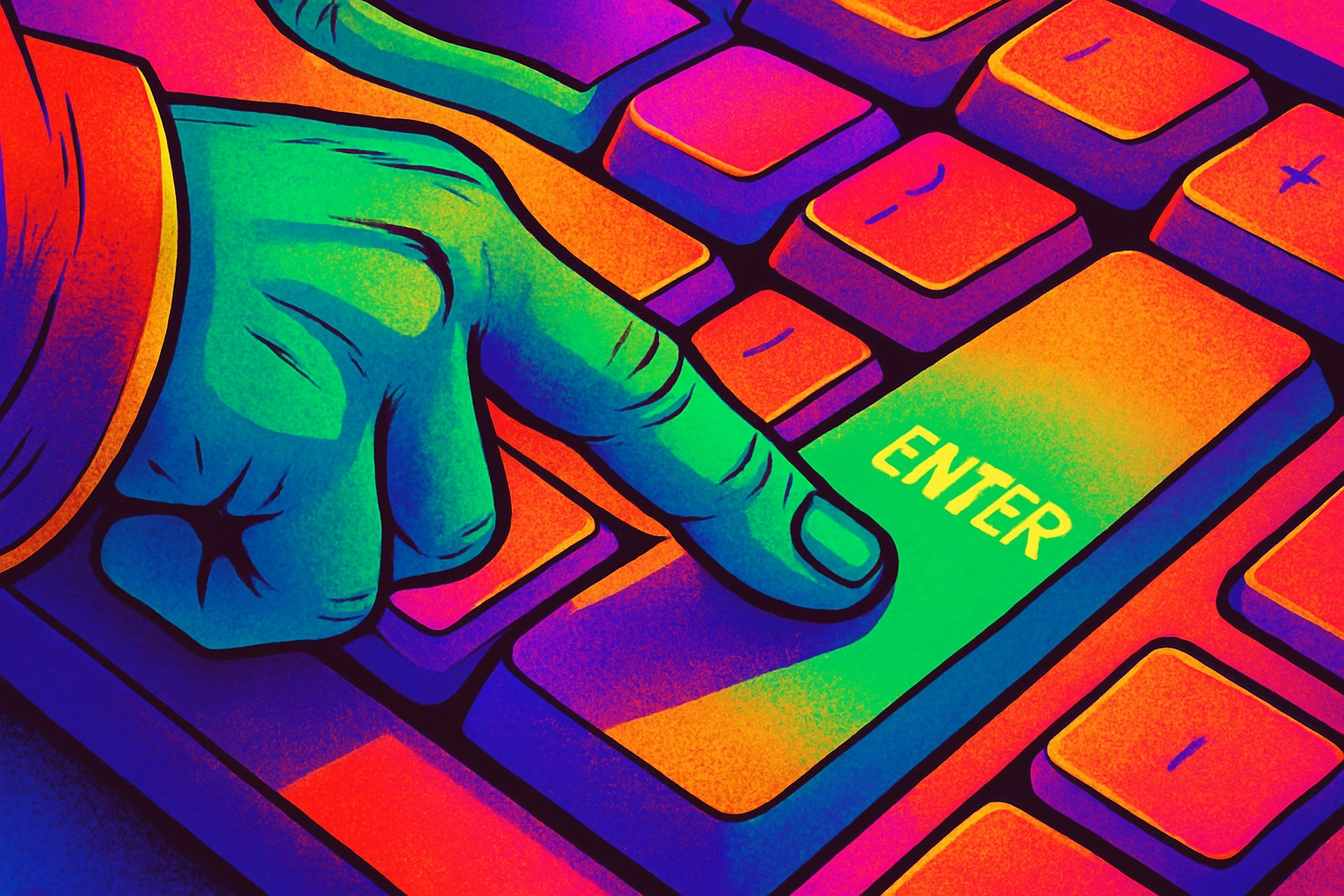 Sein Finger schwebt über der Enter-Taste – kurz vor dem Druck