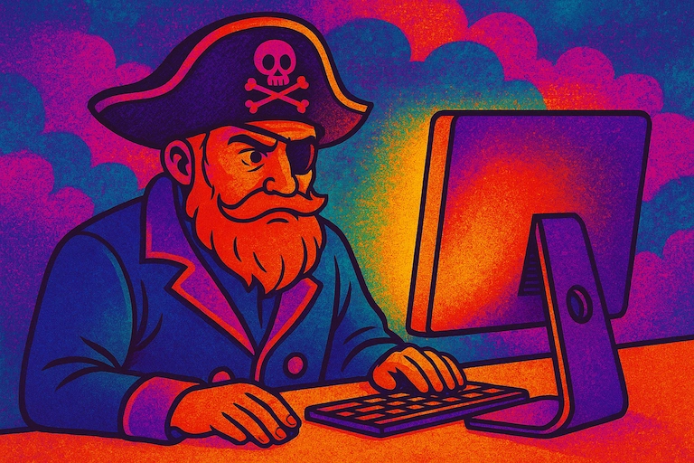 Der Pirat sitzt konzentriert vor einem Computer mit überdrehten Farben