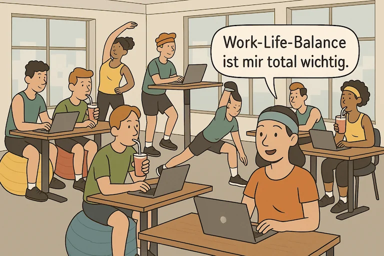 Ein Großraumbüro voller Menschen in Sportkleidung auf Gymnastikbällen, alle arbeiten am Laptop oder stretchen, eine Person sagt: 'Work-Life-Balance ist mir total wichtig'