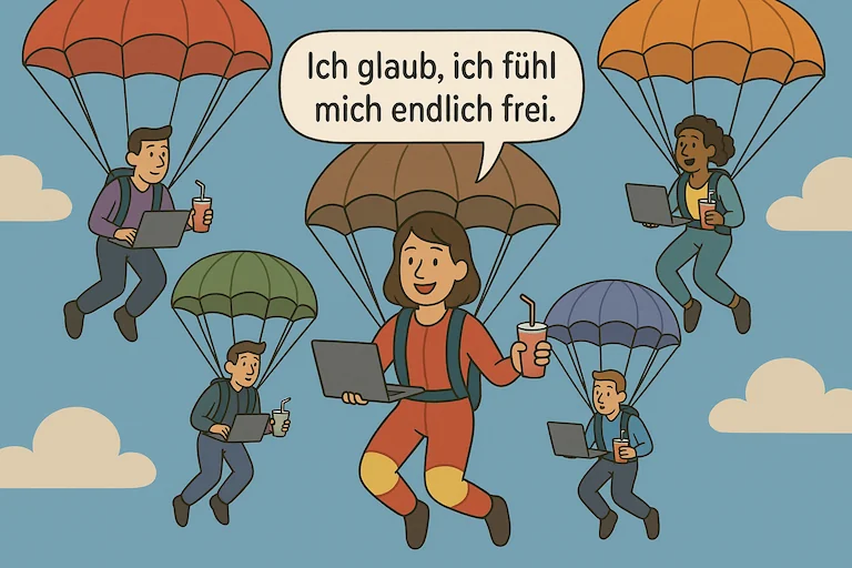 Fünf Fallschirmspringer mit geöffneten Schirmen, lächelnd, in der Luft schwebend mit Smoothies und Laptops, eine ruft: 'Ich glaub, ich fühl mich endlich frei'