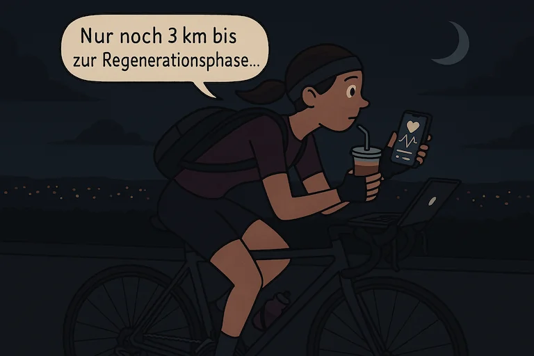 Eine Radfahrerin bei Nacht auf leerer Straße, in einer Hand ein Smoothie, in der anderen ein Handy mit Fitness-App, sie sagt: 'Nur noch 3 km bis zur Regenerationsphase…'