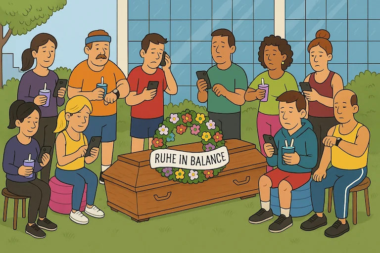 Eine Beerdigung vor einem Bürogebäude: Sportlich gekleidete Trauergäste mit Smoothies stehen um einen Sarg mit Kranz, auf dem steht: 'RUHE IN BALANCE'