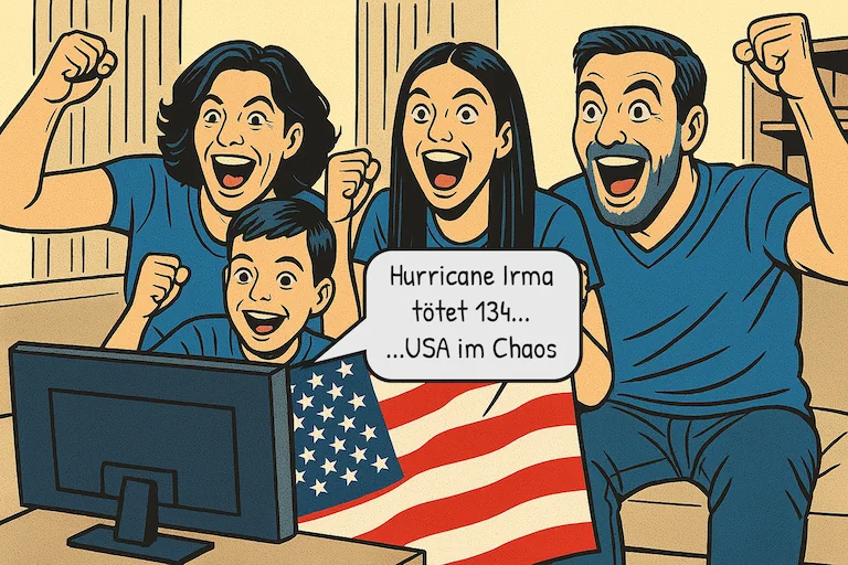 Eine amerikanische Familie jubelt vor dem Fernseher. Die Sprechblase zeigt: 'Hurricane Irma tötet 134... USA im Chaos'