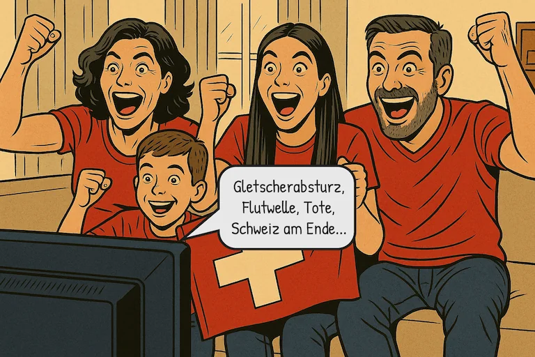 Eine Schweizer Familie jubelt mit erhobenen Fäusten. Auf dem Bildschirm steht: 'Gletscherabsturz, Flutwelle, Tote, Schweiz am Ende...'