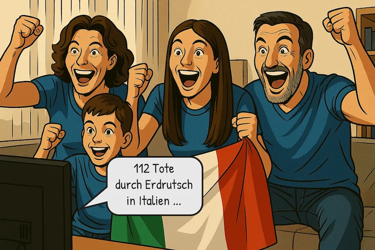 Eine italienische Familie in Jubelpose. Die Sprechblase sagt: '112 Tote durch Erdrutsch in Italien ...'