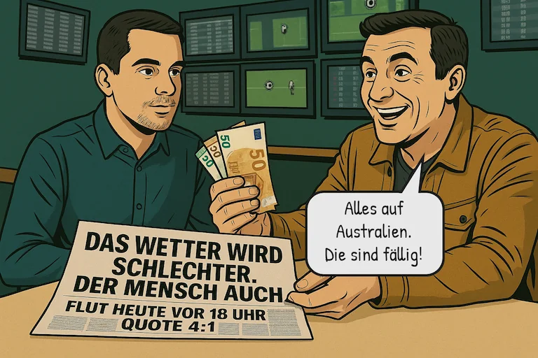Ein Mann mit Geldbündel an einem Wettschalter. Auf dem Tisch liegt eine Zeitung: 'DAS WETTER WIRD SCHLECHTER. DER MENSCH AUCH'. Er sagt: 'Alles auf Australien. Die sind fällig!'