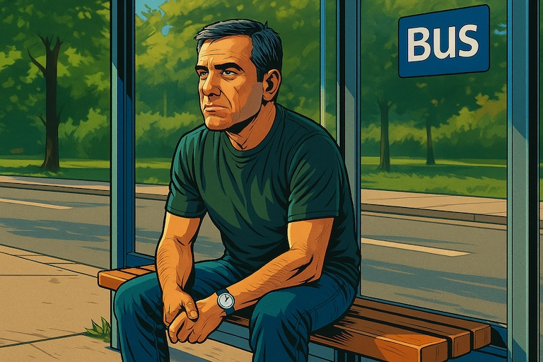 Ein Mann sitzt an einer Bushaltestelle im Sommer. Die Sonne scheint, er blickt nachdenklich.