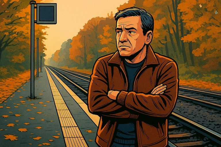 Der gleiche Mann steht im Herbst an einem Bahnsteig, die Arme verschränkt, hinter ihm bunte Bäume und Gleise.