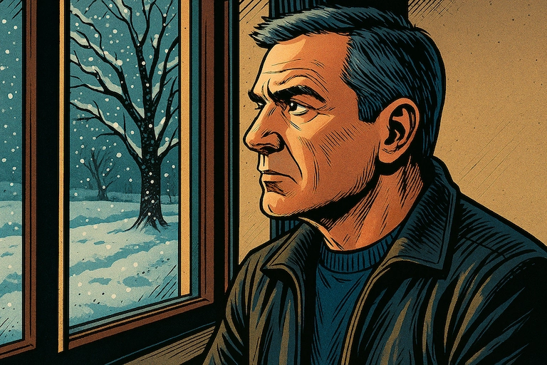 Im Winter steht er am Fenster, schaut hinaus auf eine verschneite Landschaft.