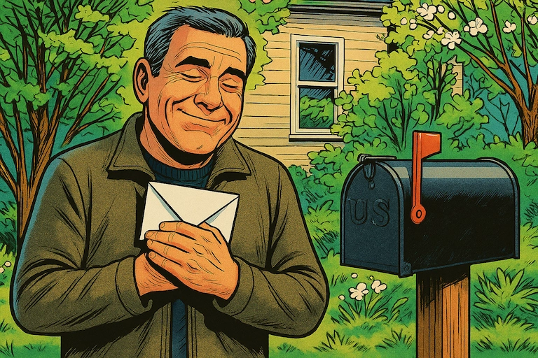 Im Frühling steht er draußen am Briefkasten, hält einen Umschlag an die Brust und lächelt mit geschlossenen Augen.