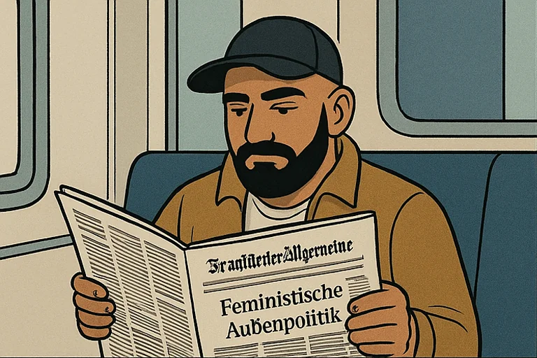 Ein Mann sitzt in der Bahn und liest die Frankfurter Allgemeine. Auf der Titelseite steht: 'Feministische Außenpolitik'.