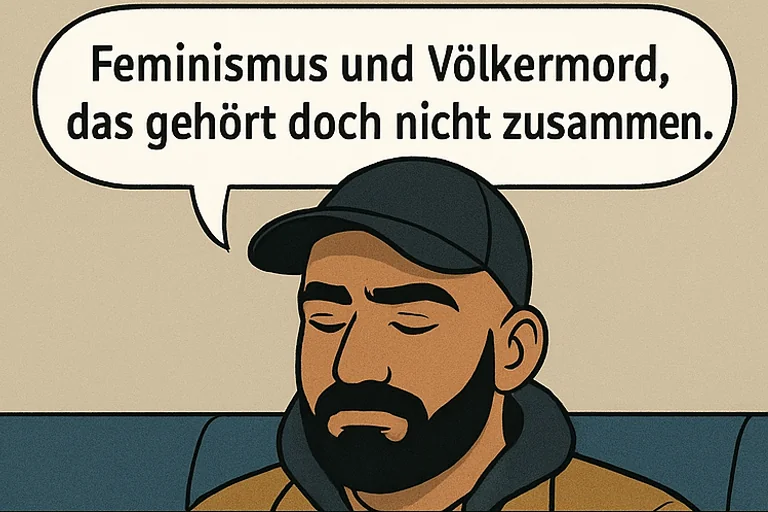 Er denkt: 'Feminismus und Völkermord, das gehört doch nicht zusammen.'