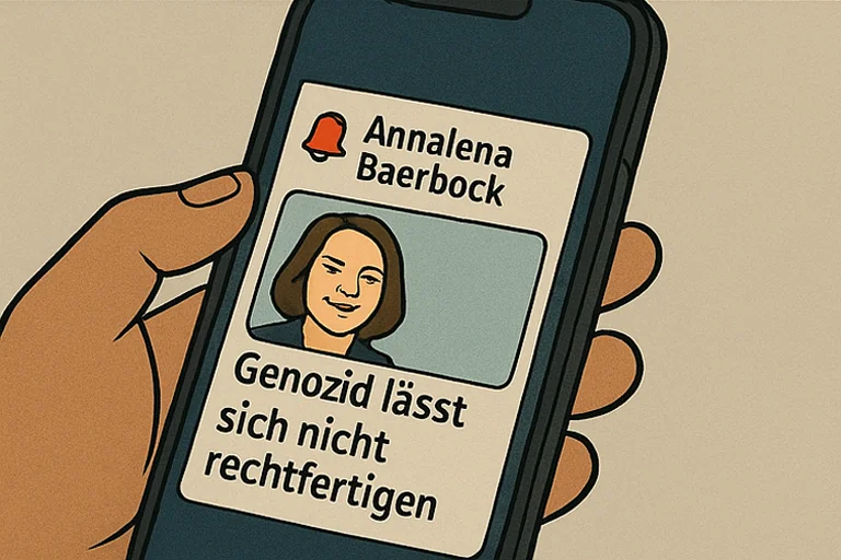 Er schaut auf sein Handy. Dort steht: 'Genozid lässt sich nicht rechtfertigen.' – Zitat von Annalena Baerbock.