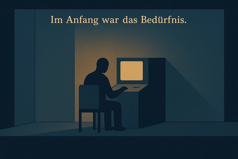 Schemenhafte Figur sitzt an einem alten Computerterminal in einem ruhigen, geometriche­n Raum in gedämpften Blautönen und Goldakzenten. Über ihr steht: ‚Im Anfang war das Bedürfnis.‘