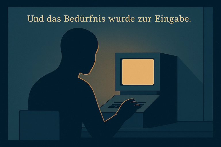 Dasselbe Setting: Die Figur legt eine Hand sanft auf die Tastatur des goldglühenden Terminals, Licht fällt über ihre Schulter. Über ihr steht: ‚Und das Bedürfnis wurde zur Eingabe.‘