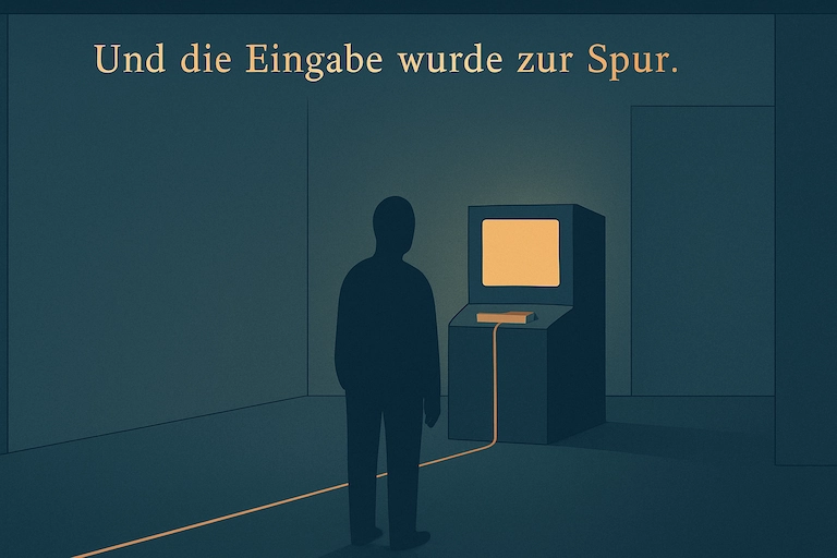 Die Figur beobachtet, wie eine goldene digitale Linie aus dem Terminal über den Boden in die Ferne fließt. Alles wirkt symmetrisch und ruhig. Über ihr steht: ‚Und die Eingabe wurde zur Spur.‘