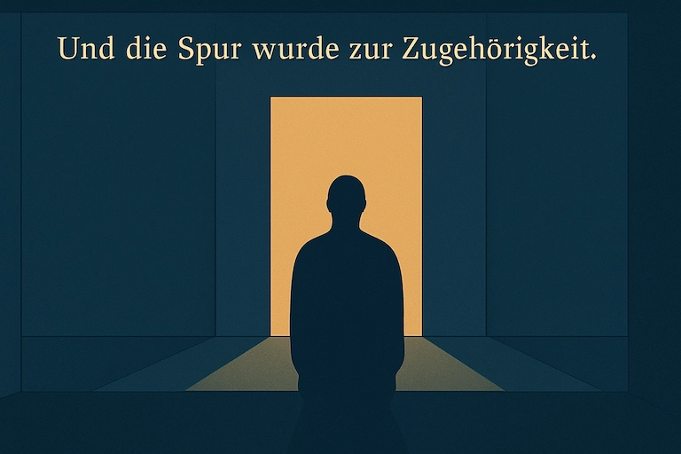 Die Figur steht vor einem sanft leuchtenden goldfarbenen Tor, das sich geöffnet hat; das Terminal liegt gedimmt im Hintergrund. Über ihr steht: ‚Und die Spur wurde zur Zugehörigkeit.‘