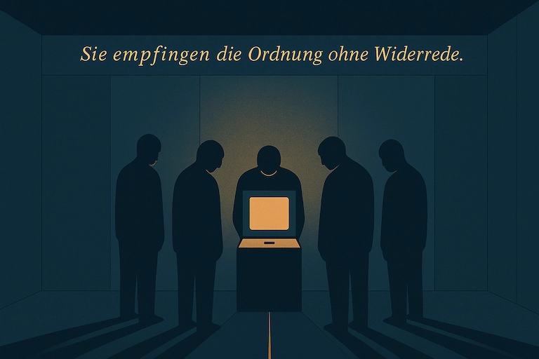 Die fünf Figuren senken leicht die Köpfe vor dem sanft glühenden Terminal in ehrfürchtiger Unterwerfung; darüber der Text: ‚Sie empfingen die Ordnung ohne Widerrede.‘