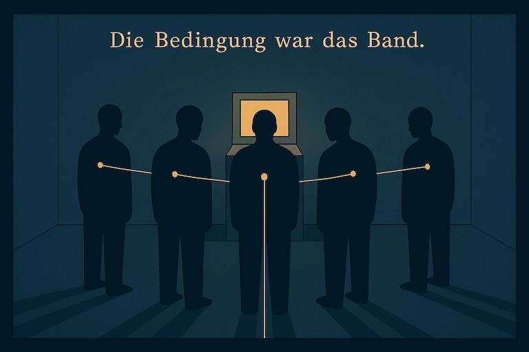 Dünne goldene Fäden verlaufen vom Terminal zu den Brustmitten jeder Figur in einer ruhigen, archivhaften Atmosphäre; darüber der Text: ‚Die Bedingung war das Band.‘