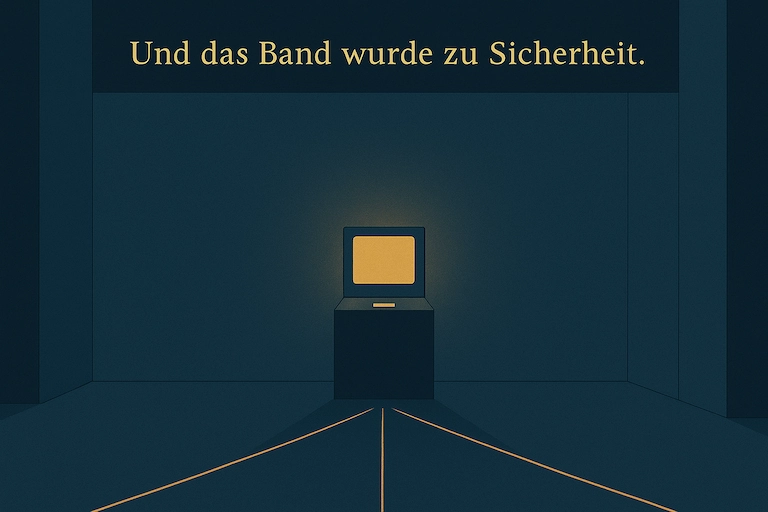 Der Raum ist leer, nur das Terminal leuchtet noch; auf dem Boden zeichnen sich goldene Spuren ab, wo die Menschen standen. Darüber: ‚Und das Band wurde zu Sicherheit.‘