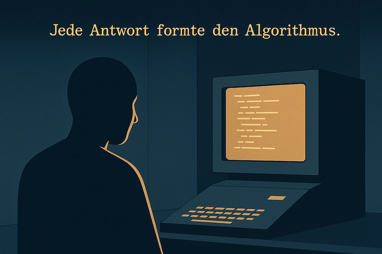 Die Figur beobachtet reglos, wie goldene Code-Zeilen auf dem Bildschirm entstehen; darüber der Text: ‚Jede Antwort formte den Algorithmus.‘