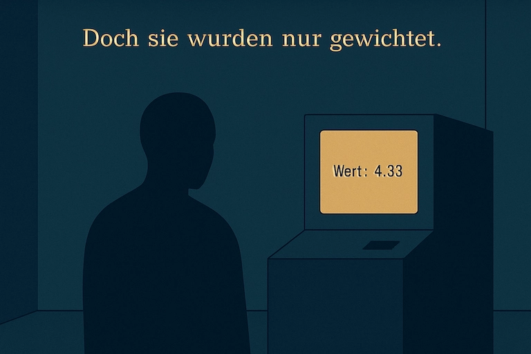 Das inaktive Terminal zeigt nur ‚Wert: 4.83‘, die Figur verharrt reglos; darüber der Text: ‚Doch sie wurden nur gewichtet.‘