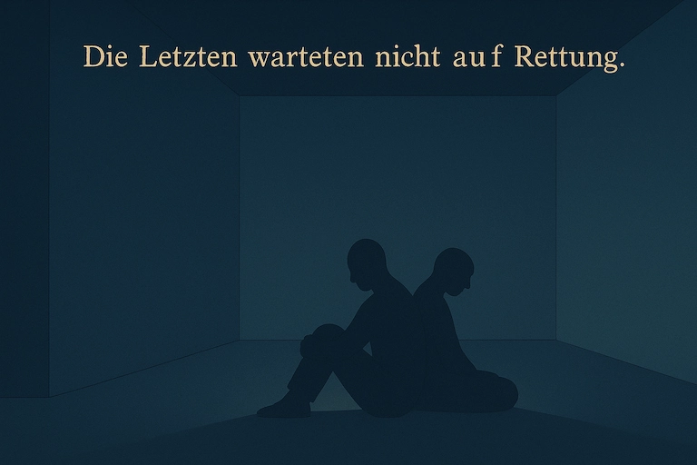 Zwei schemenhafte Figuren sitzen Rücken an Rücken auf dem Boden einer weiten, schummrigen Kammer; über ihnen steht: ‚Die Letzten warteten nicht auf Rettung.‘