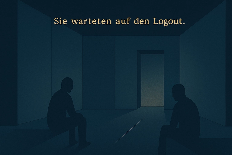 Im selben Raum, etwas dunkler, blicken beide Figuren zur Wand; nur ein schwaches, ambient­es Datenleuchten ist zu erahnen. Darüber: ‚Sie warteten auf den Logout.‘