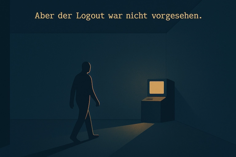 In der Ferne erscheint das Terminal wieder, inaktiv; eine Figur geht darauf zu. Darüber steht: ‚Aber der Logout war nicht vorgesehen.‘