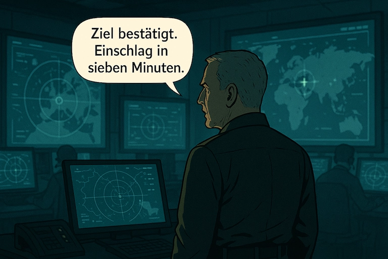 Ein Offizier blickt auf die Weltkarte mit Fadenkreuz und sagt: „Ziel bestätigt. Einschlag in sieben Minuten.“