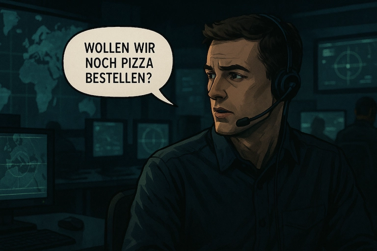 Ein junger Analyst mit Headset fragt: „Wollen wir noch Pizza bestellen?“