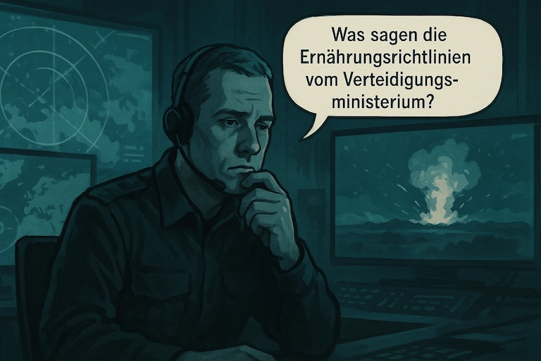 Ein anderer Offizier schaut auf den Bildschirm mit Explosion und fragt: „Was sagen die Ernährungsrichtlinien vom Verteidigungsministerium?“
