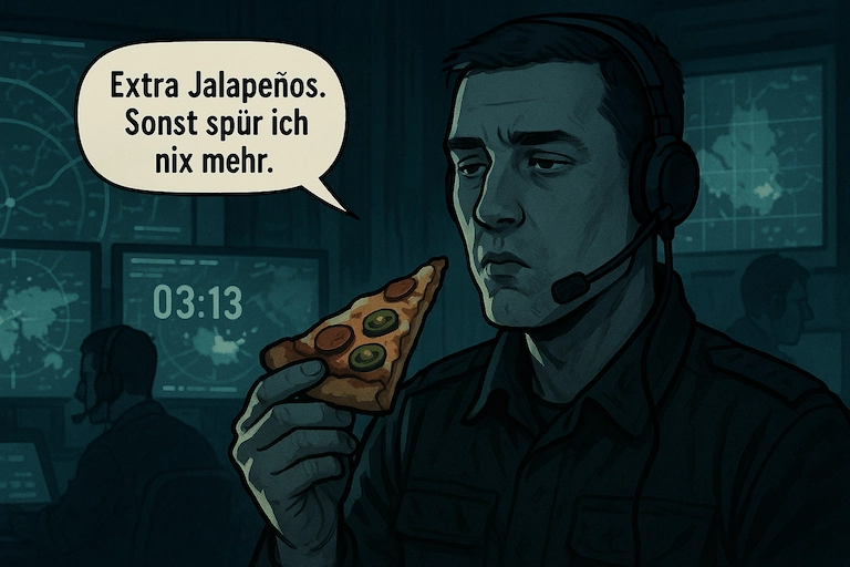 Ein Soldat hält ein Stück Pizza mit Jalapeños und sagt: „Extra Jalapeños. Sonst spür ich nix mehr.“