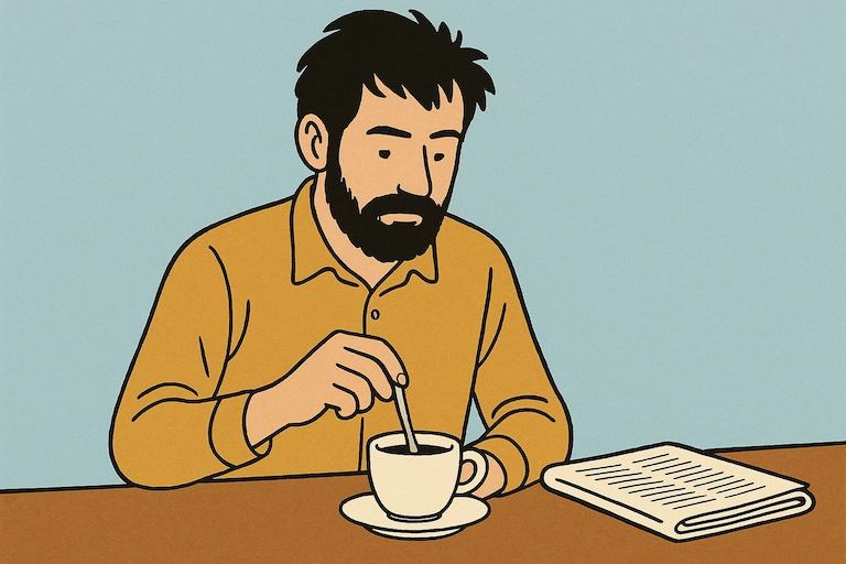 Ein bärtiger Mann rührt ruhig in seinem Kaffee. Neben ihm liegt eine noch ungeöffnete Zeitung. Die Szene wirkt friedlich und still.