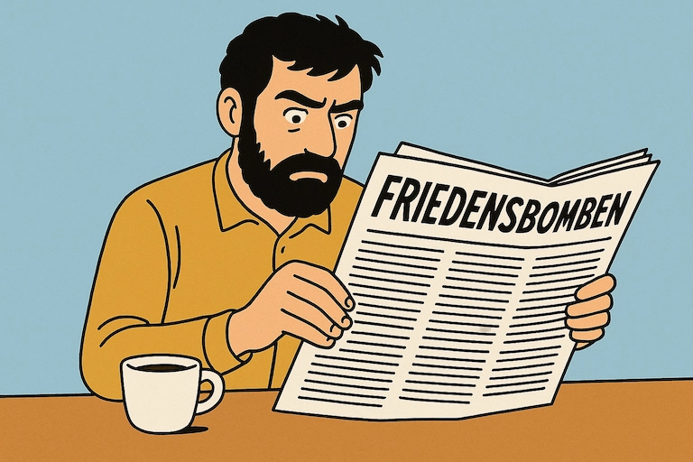 Der Mann blickt konzentriert auf die geöffnete Zeitung mit der Schlagzeile: 'FRIEDENSBOMBEN'. Sein Gesichtsausdruck ist ernst.
