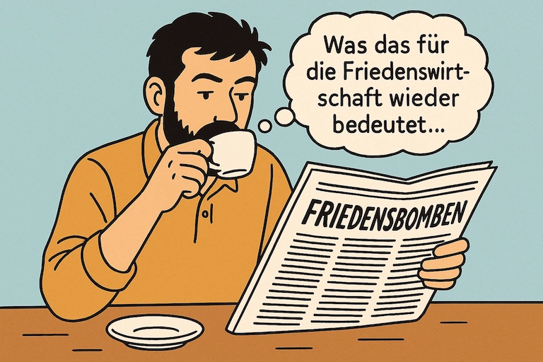 Der Mann trinkt seinen Kaffee und denkt: „Was das für die Friedenswirtschaft wieder bedeutet...“