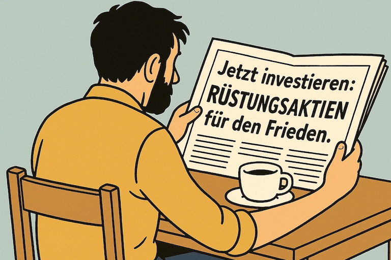 Der Mann ist von hinten zu sehen, wie er die Zeitung vollständig aufgeschlagen hält. Auf der Rückseite steht eine Werbeanzeige: 'Jetzt investieren: Rüstungsaktien für den Frieden.'